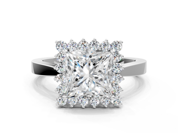 White gold Princess Cut Diamond Halo Ring with Round Brilliant Halo and Solitaire Band