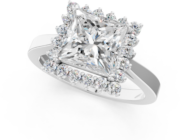 White gold Princess Cut Diamond Halo Ring with Round Brilliant Halo and Solitaire Band