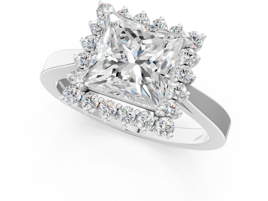 White gold Princess Cut Diamond Halo Ring with Round Brilliant Halo and Solitaire Band
