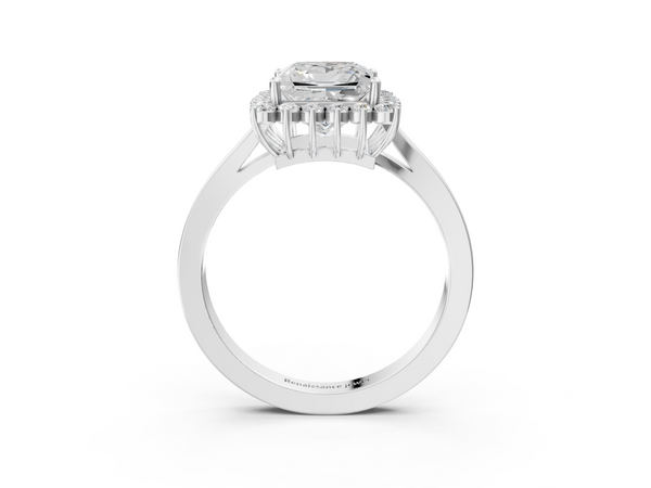 White gold Princess Cut Diamond Halo Ring with Round Brilliant Halo and Solitaire Band