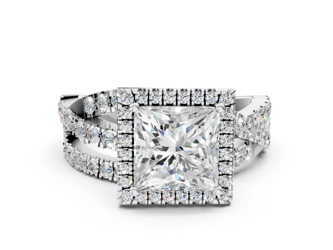 White gold Princess Cut Diamond Halo Ring with Round Split Shank and Prong Setting_12