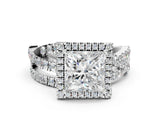 White gold Princess Cut Diamond Halo Ring with Round Split Shank and Prong Setting_12