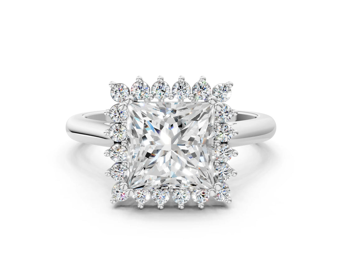 White gold Princess Cut Diamond Halo Ring with Solitaire Band and Prong Setting_100