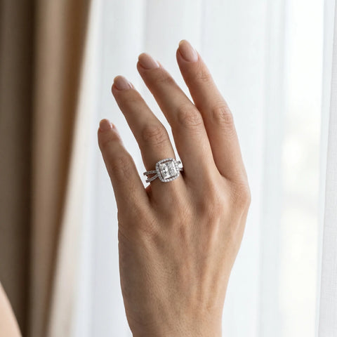 10K White Gold 1.08 Carat D VS1 Princess Diamond Halo Ring with Split Shank Pavé Band and Prong Setting