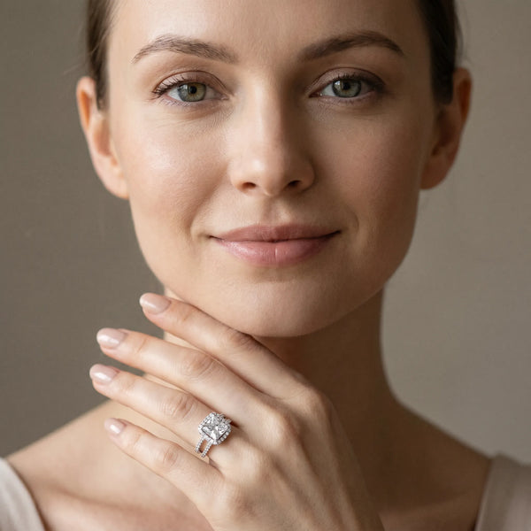 White gold Princess Cut Diamond Halo Ring with Split Shank Pavé Band and Prong Setting