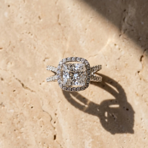 10K White Gold 1.08 Carat D VS1 Princess Diamond Halo Ring with Split Shank Pavé Band and Prong Setting