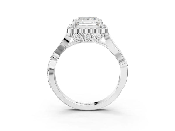 Platinum Princess Cut Graduated Leaf Halo Engagement Ring Setting