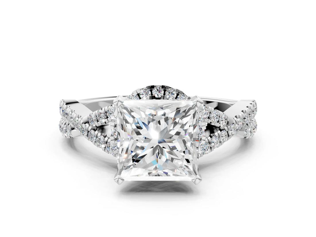 White gold Princess Cut Diamond  Halo Twist Band Solitaire Prong Setting Ring_118