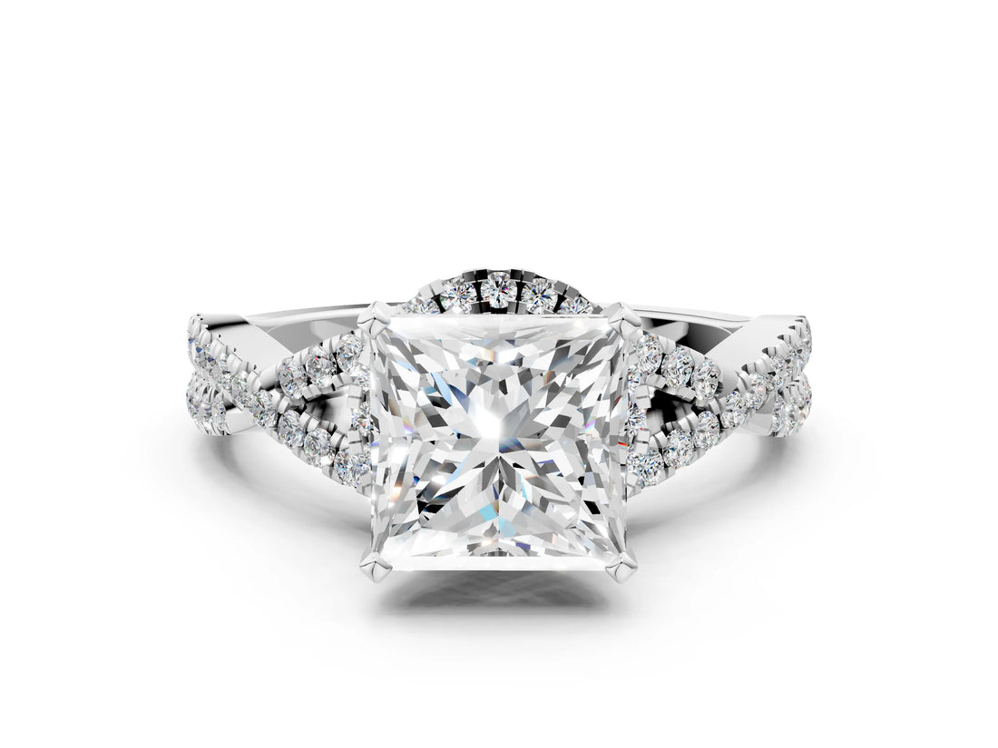 White gold Princess Cut Diamond  Halo Twist Band Solitaire Prong Setting Ring_48