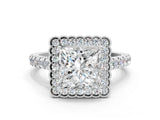 White gold Princess Cut Diamond Milgrain Floral Halo Engagement Ring with Pavé Band_21