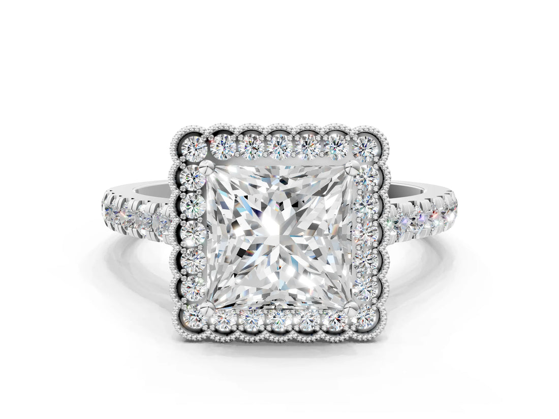 White gold Princess Cut Diamond Milgrain Floral Halo Engagement Ring with Pavé Band_21