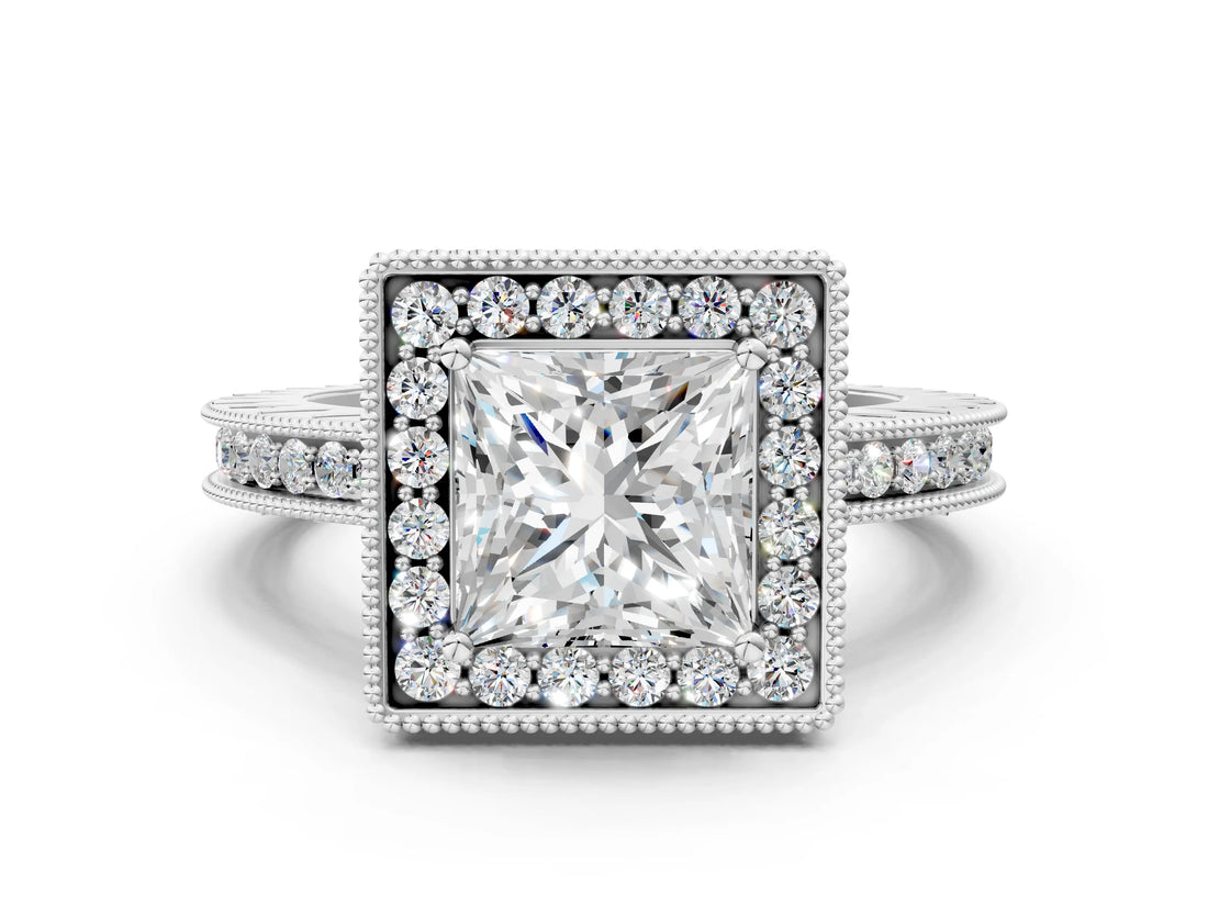White gold Princess Cut Diamond Milgrain Halo Engagement Ring with Round Pavé Band and Prong Setting_12