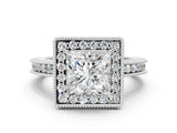 White gold Princess Cut Diamond Milgrain Halo Engagement Ring with Round Pavé Band and Prong Setting_12