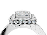 White gold Princess Cut Diamond Milgrain Halo Engagement Ring with Round Pavé Band and Prong Setting_16