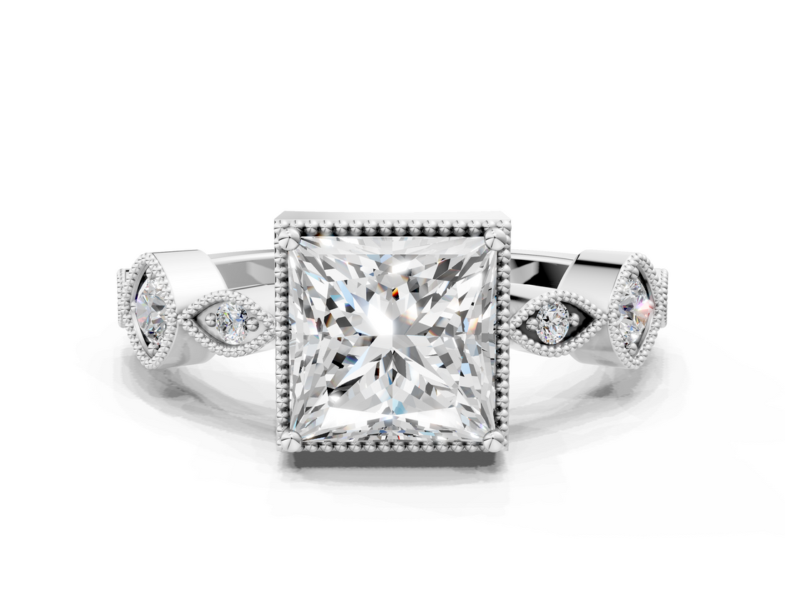 White gold Princess Cut Diamond Milgrain Marquise Band with Prong Setting_5