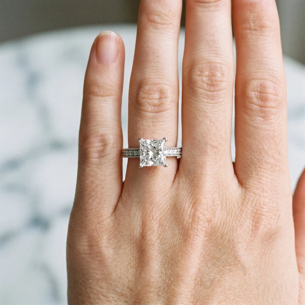 Platinum Princess Cut Milgrain Pave Solitaire Engagement Ring Setting with Vintage Edge Band