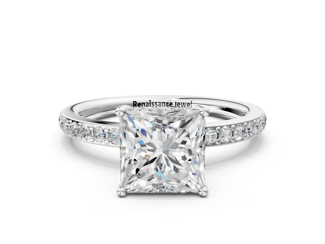 White gold Princess Cut Diamond Pavé Band Ring with Four-Prong Setting_55