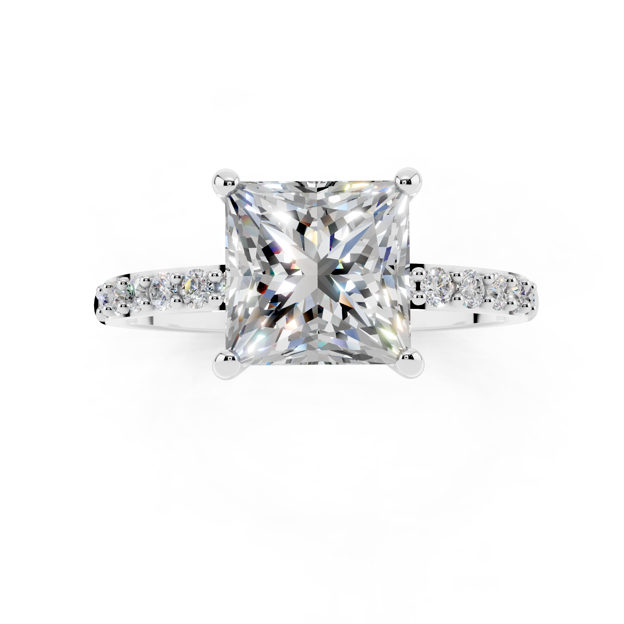 White gold Princess Cut Diamond Pavé Band Solitaire Ring with Four-Prong Setting_10