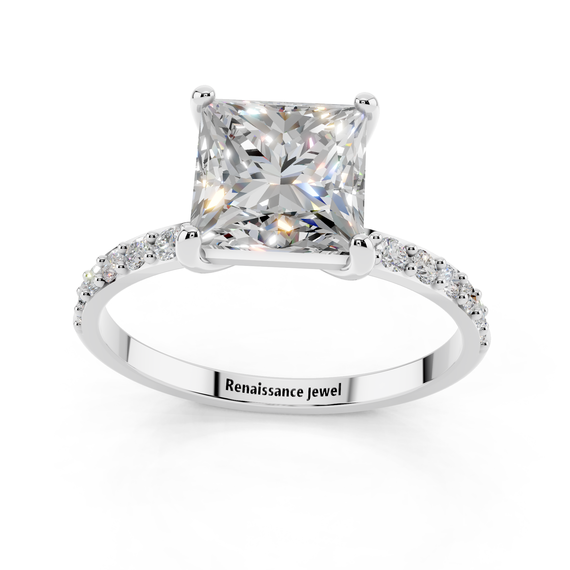 White gold Princess Cut Diamond Pavé Band Solitaire Ring with Four-Prong Setting_9
