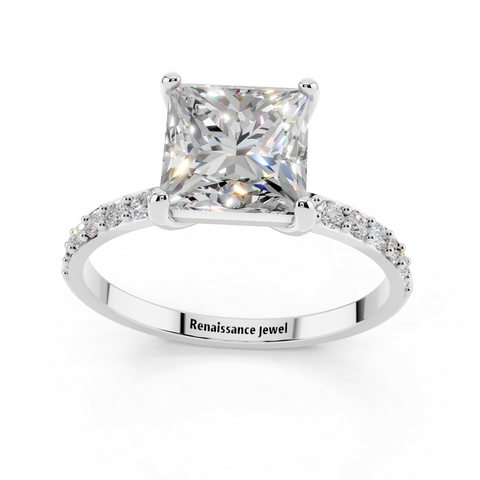 White gold Princess Cut Diamond Pavé Band Solitaire Ring with Four-Prong Setting_9
