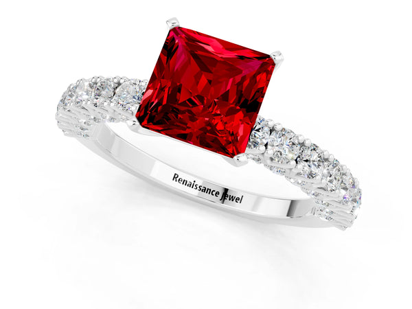 Platinum Princess Cut Diamond Pavé Band Solitaire Ring with Prong Setting