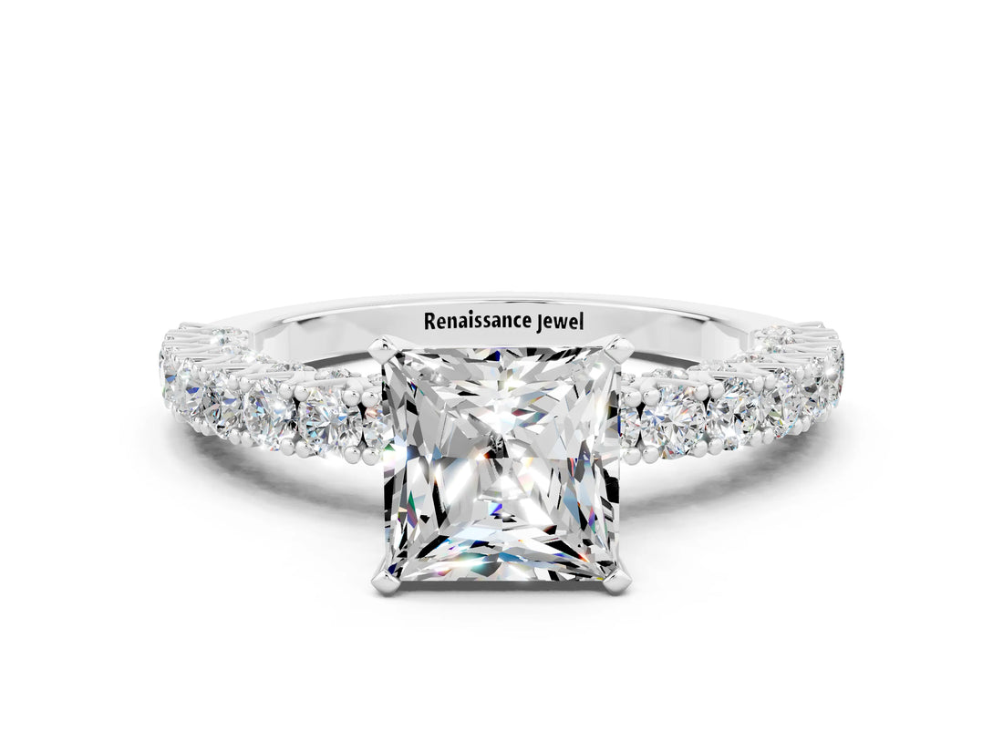 White gold Princess Cut Diamond Pavé Band Solitaire Ring with Prong Setting_12