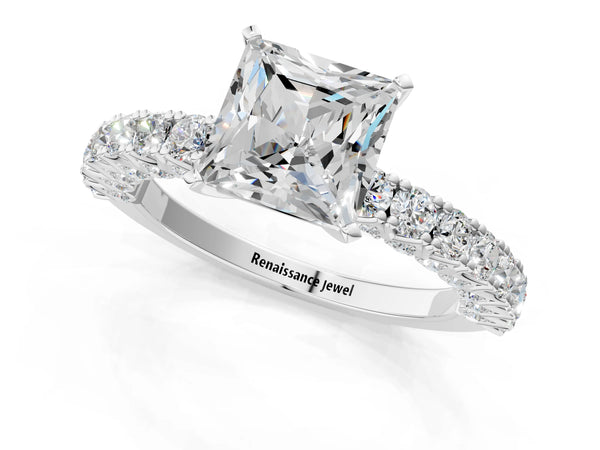 Sterling Silver Princess Cut Solitaire Engagement Ring Setting with Two-Row Round Accent Band