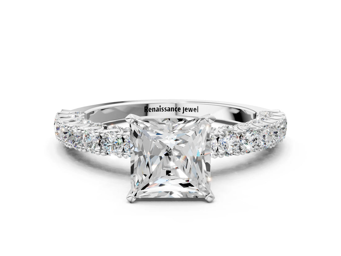 White gold Princess Cut Diamond Pavé Band Solitaire Ring with Prong Setting_127