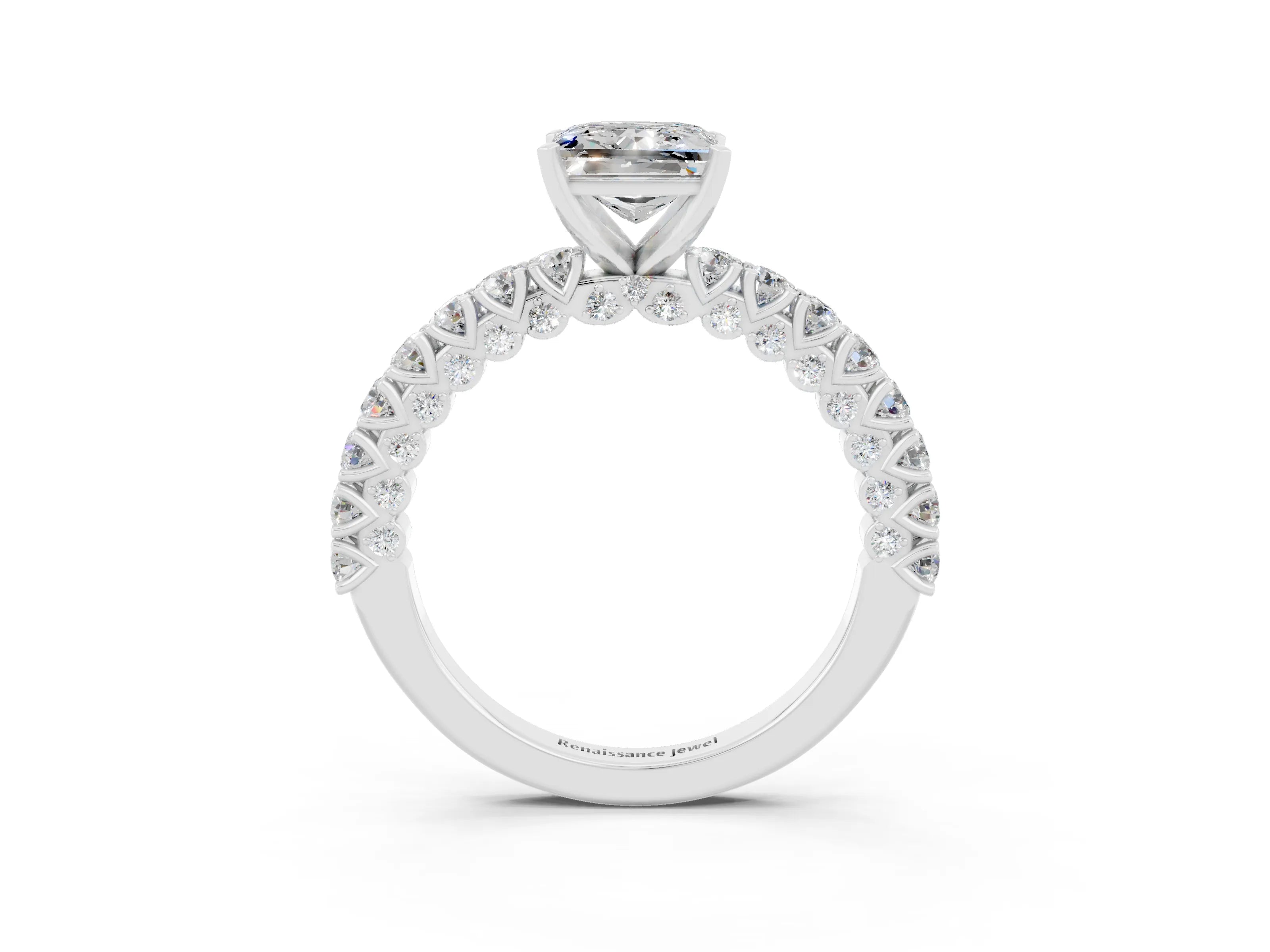 White gold Princess Cut Diamond Pavé Band Solitaire Ring with Prong Setting_15