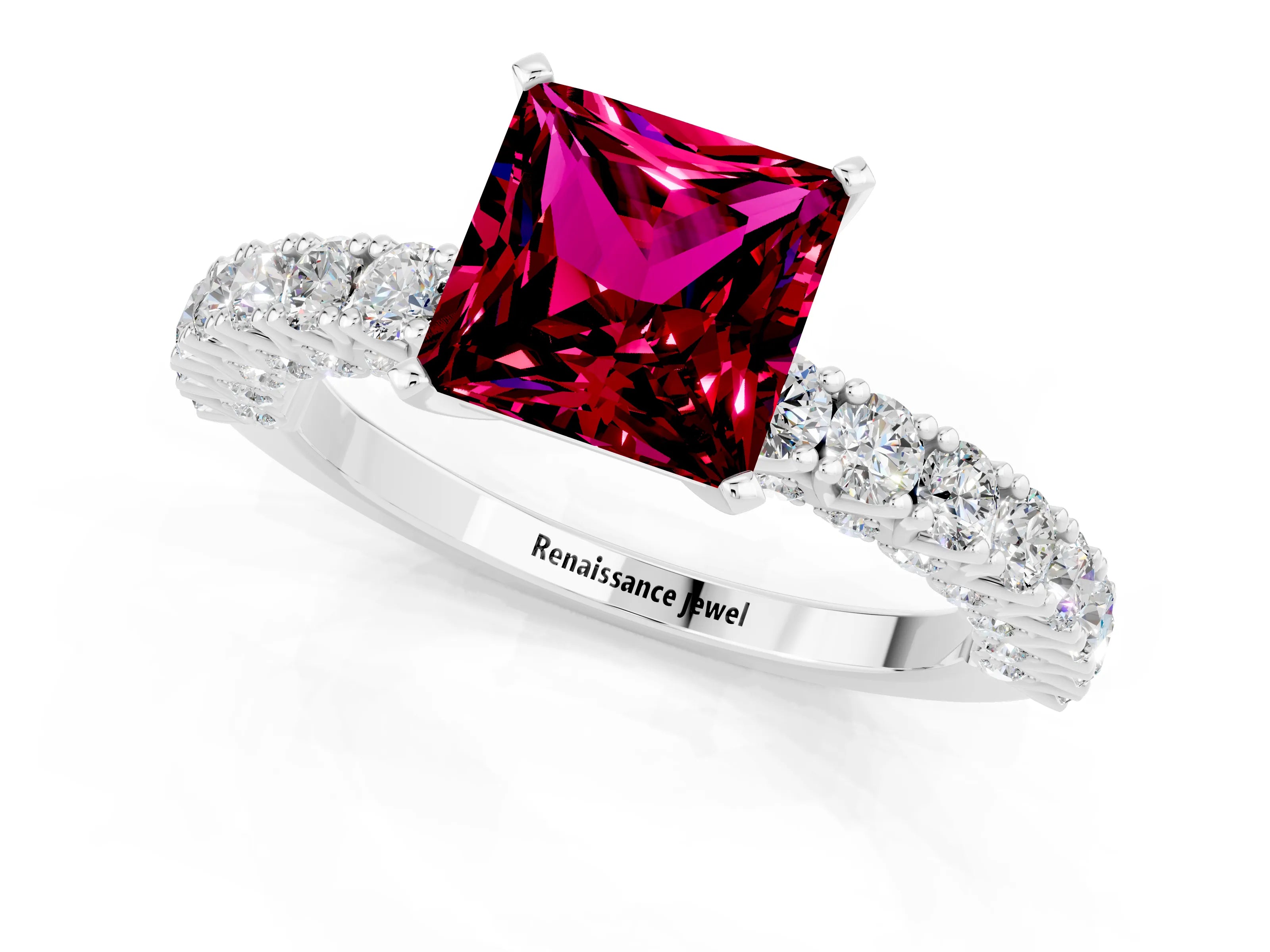 White gold Princess Cut Diamond Pavé Band Solitaire Ring with Prong Setting_1