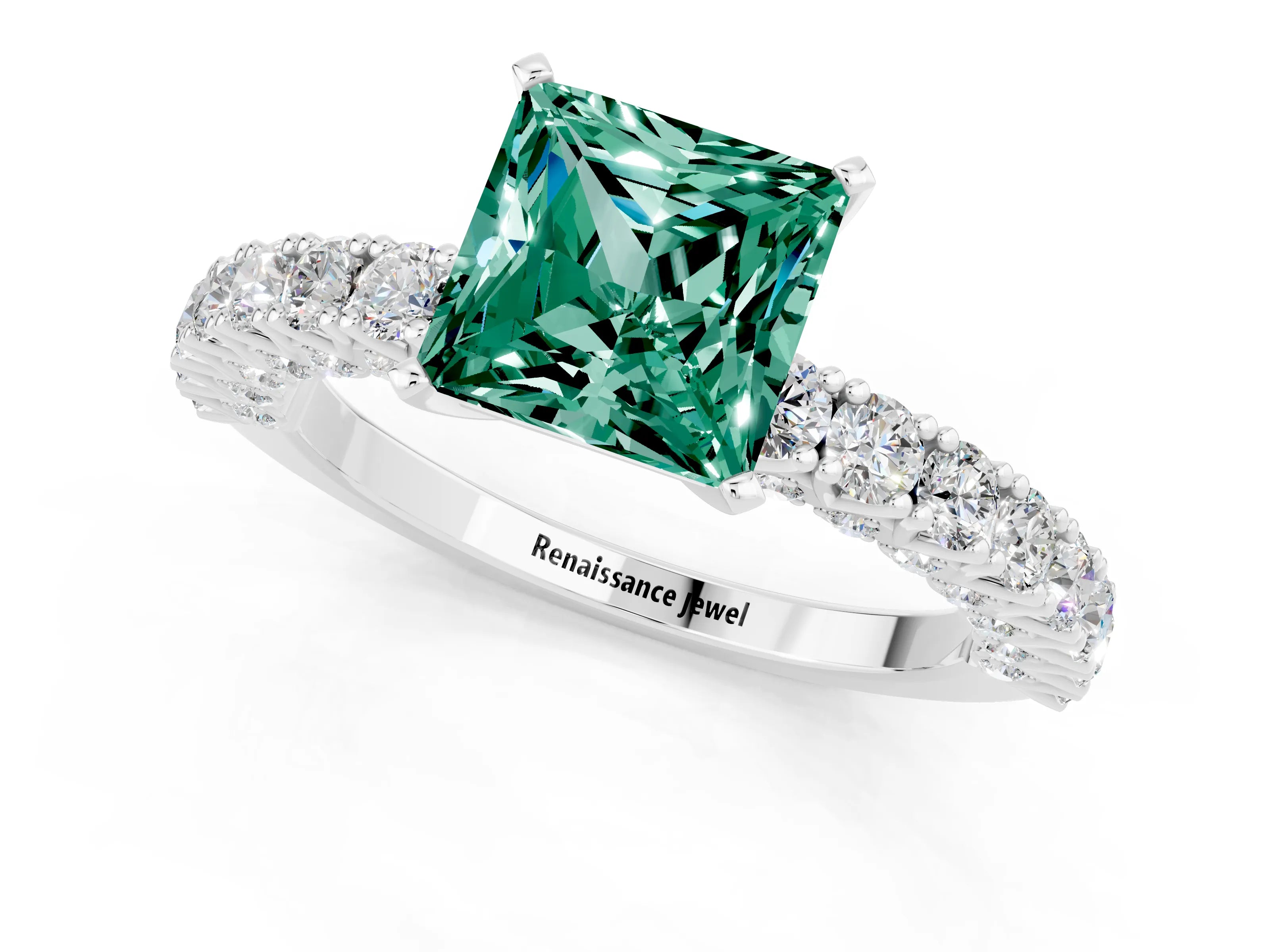 White gold Princess Cut Diamond Pavé Band Solitaire Ring with Prong Setting_1