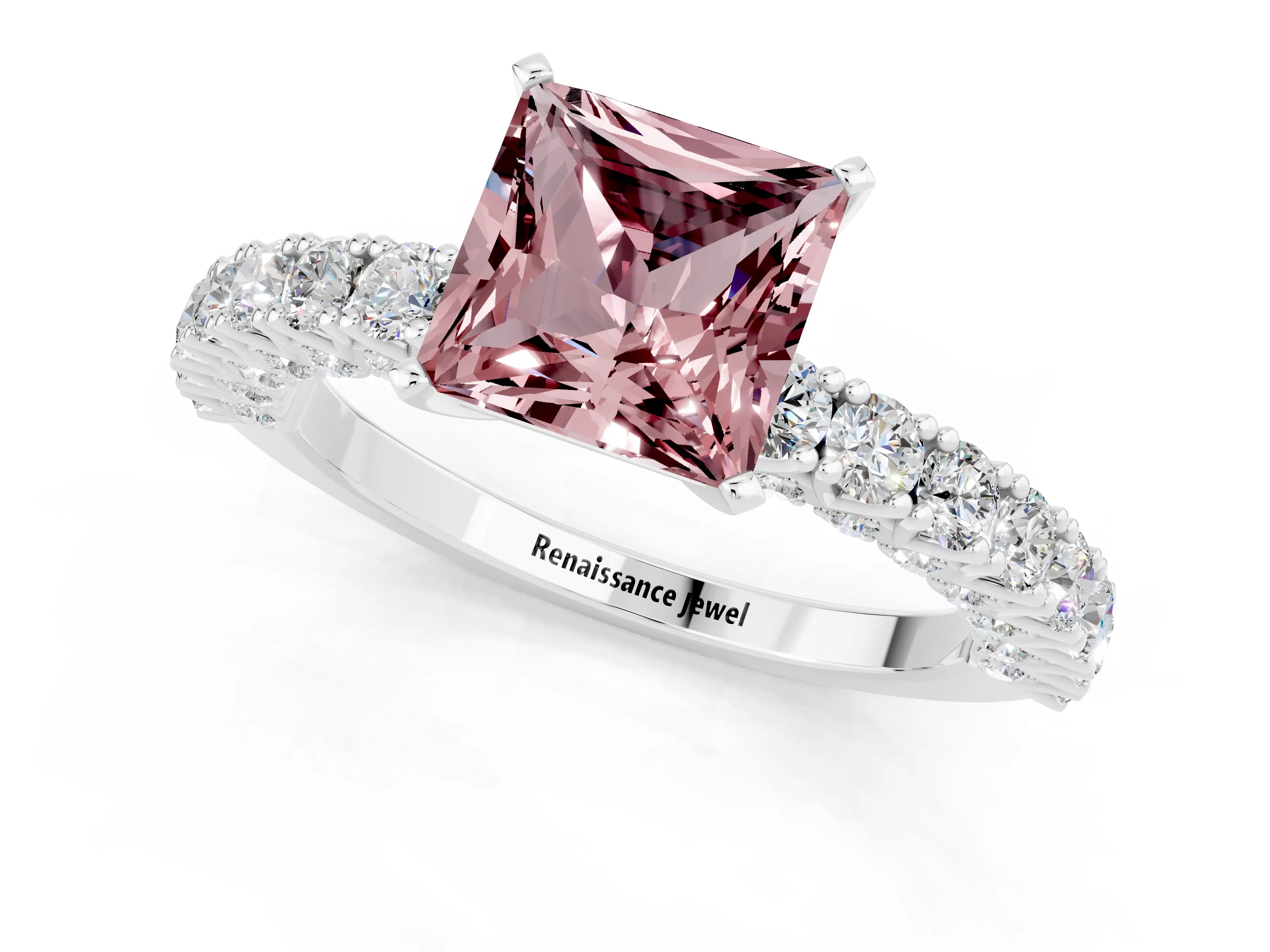 White gold Princess Cut Diamond Pavé Band Solitaire Ring with Prong Setting_1