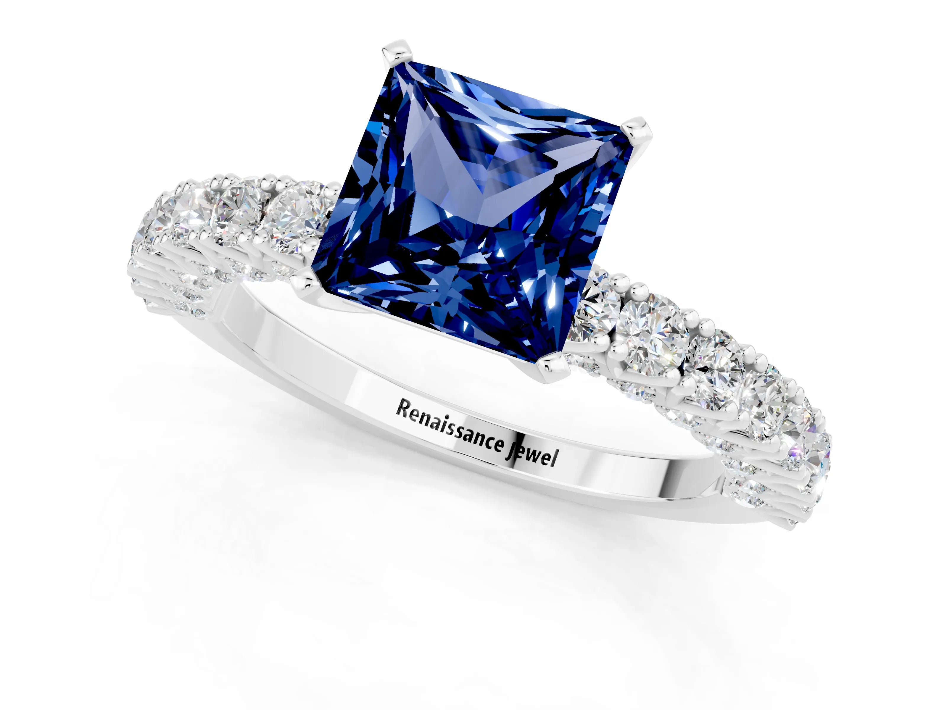 White gold Princess Cut Diamond Pavé Band Solitaire Ring with Prong Setting_1