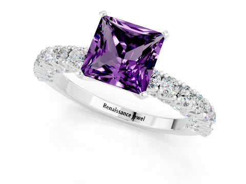 White gold Princess Cut Diamond Pavé Band Solitaire Ring with Prong Setting_1