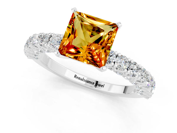 Platinum Princess Cut Diamond Pavé Band Solitaire Ring with Prong Setting