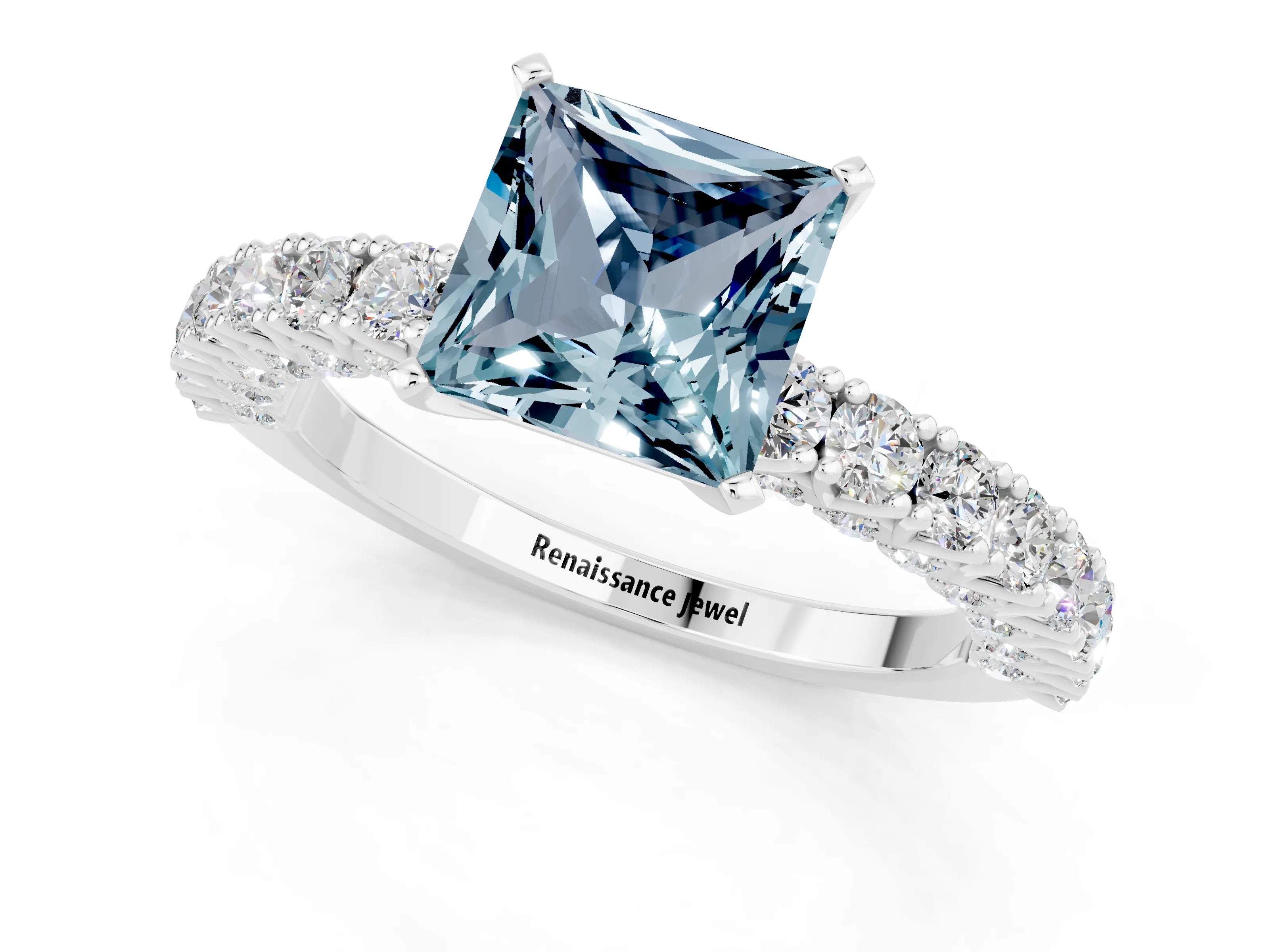 White gold Princess Cut Diamond Pavé Band Solitaire Ring with Prong Setting_1