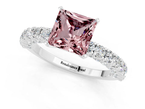 White gold Princess Cut Diamond Pavé Band Solitaire Ring with Prong Setting_1