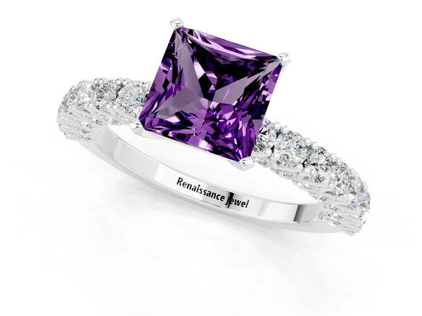 Silver Princess Cut Amethyst Solitaire Ring with Round Accent Pavé Band and Prong Setting