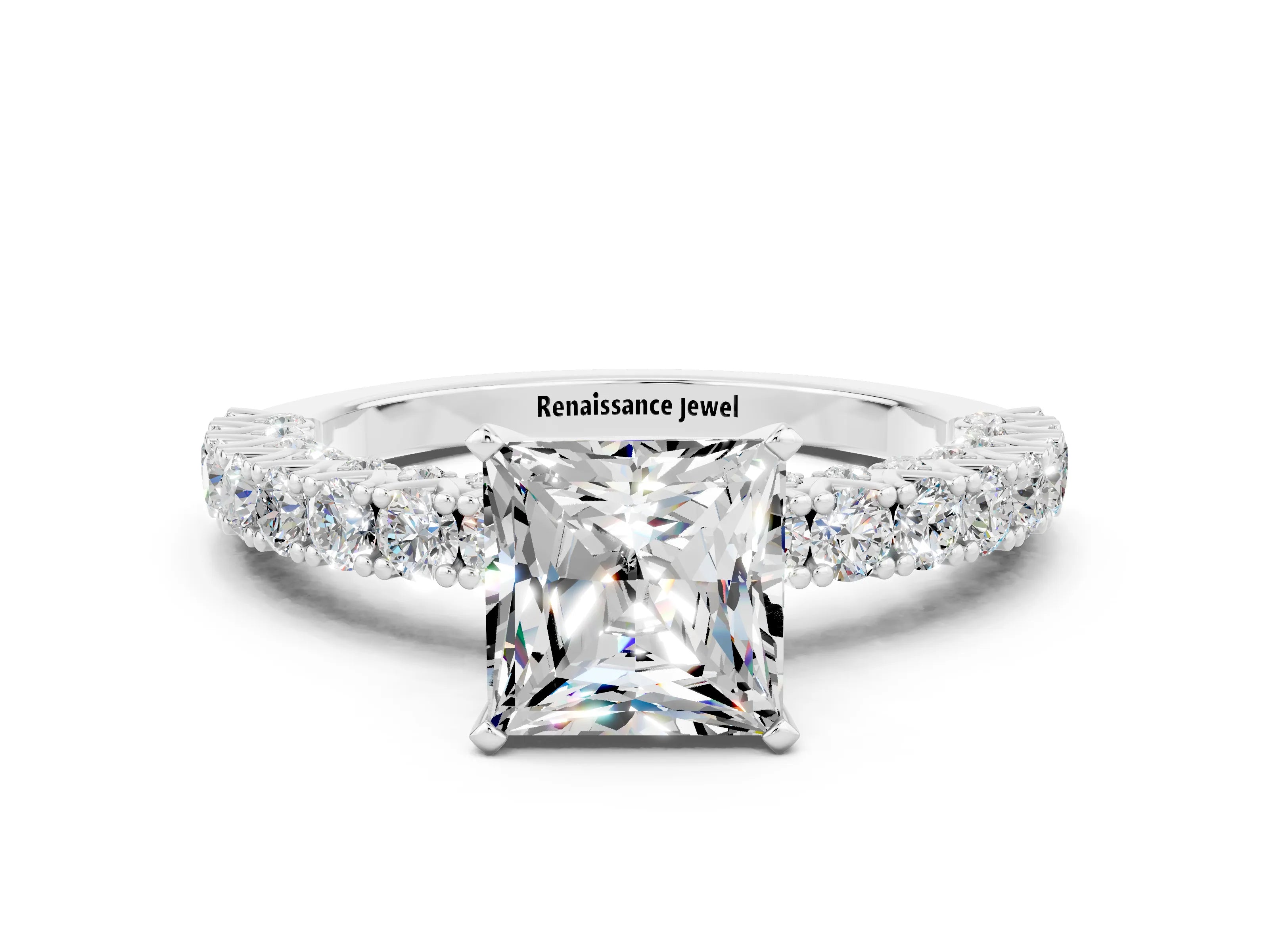 White gold Princess Cut Diamond Pavé Band Solitaire Ring with Prong Setting_24