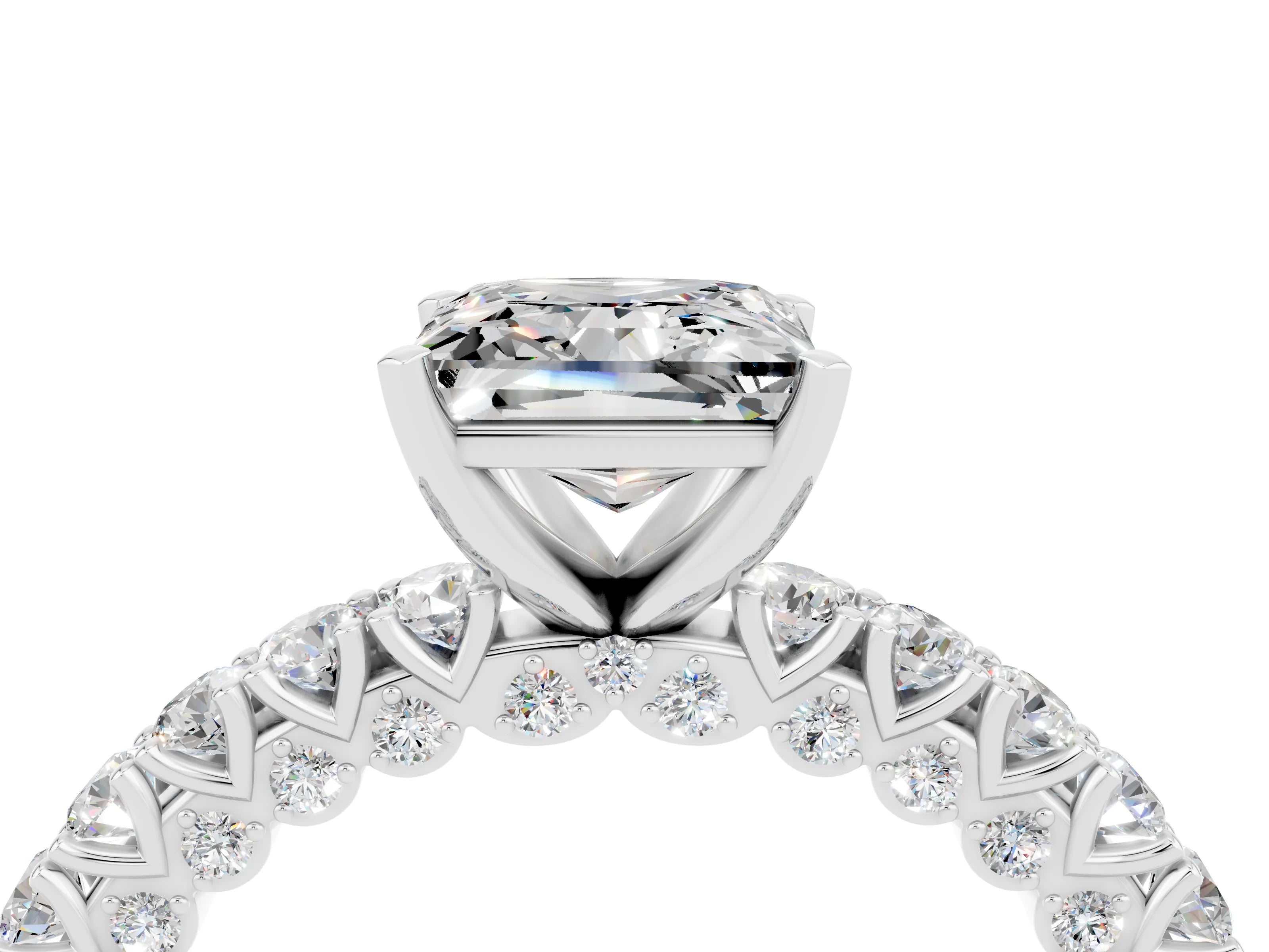 White gold Princess Cut Diamond Pavé Band Solitaire Ring with Prong Setting_28
