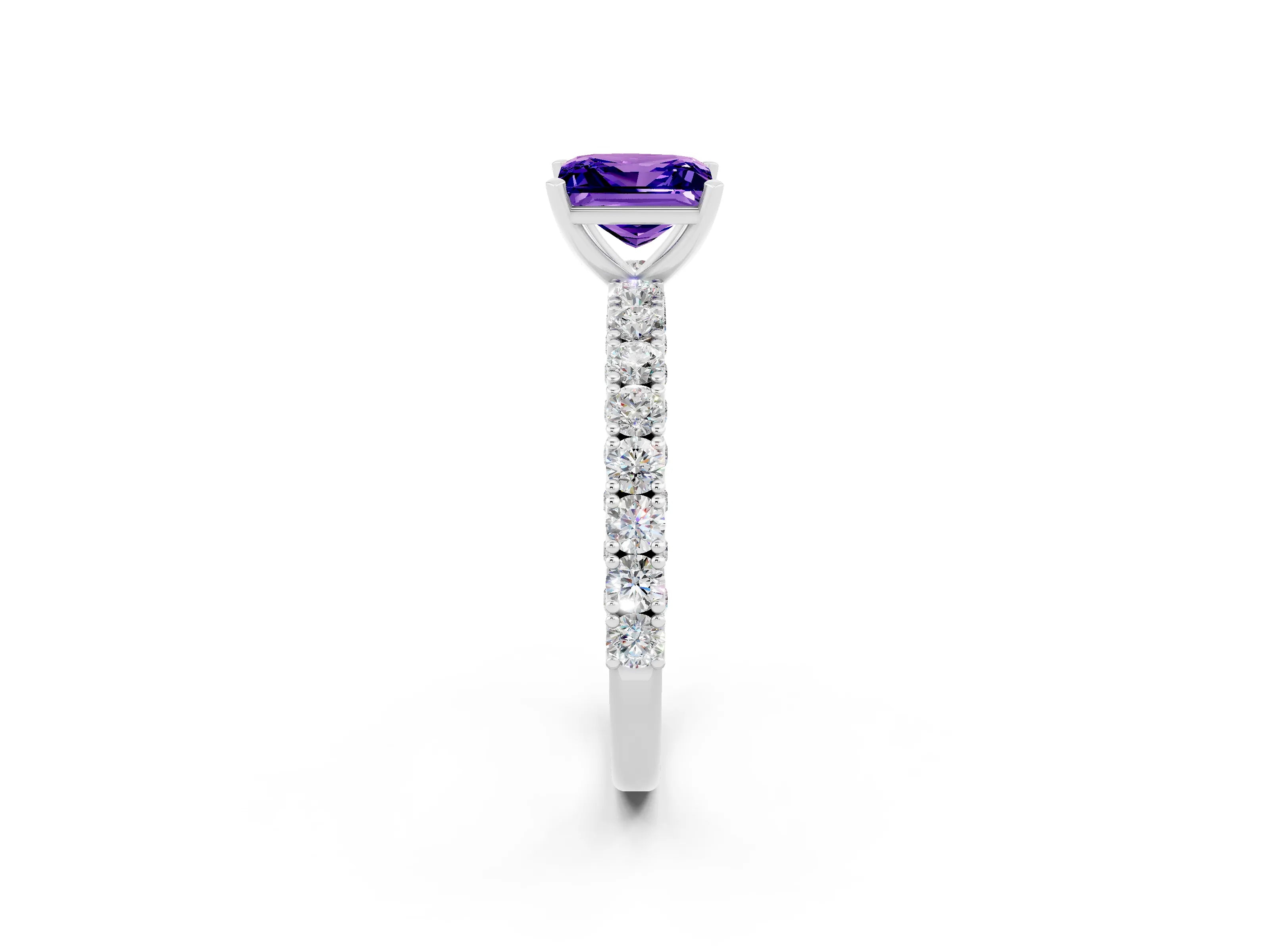 White gold Princess Cut Diamond Pavé Band Solitaire Ring with Prong Setting_2