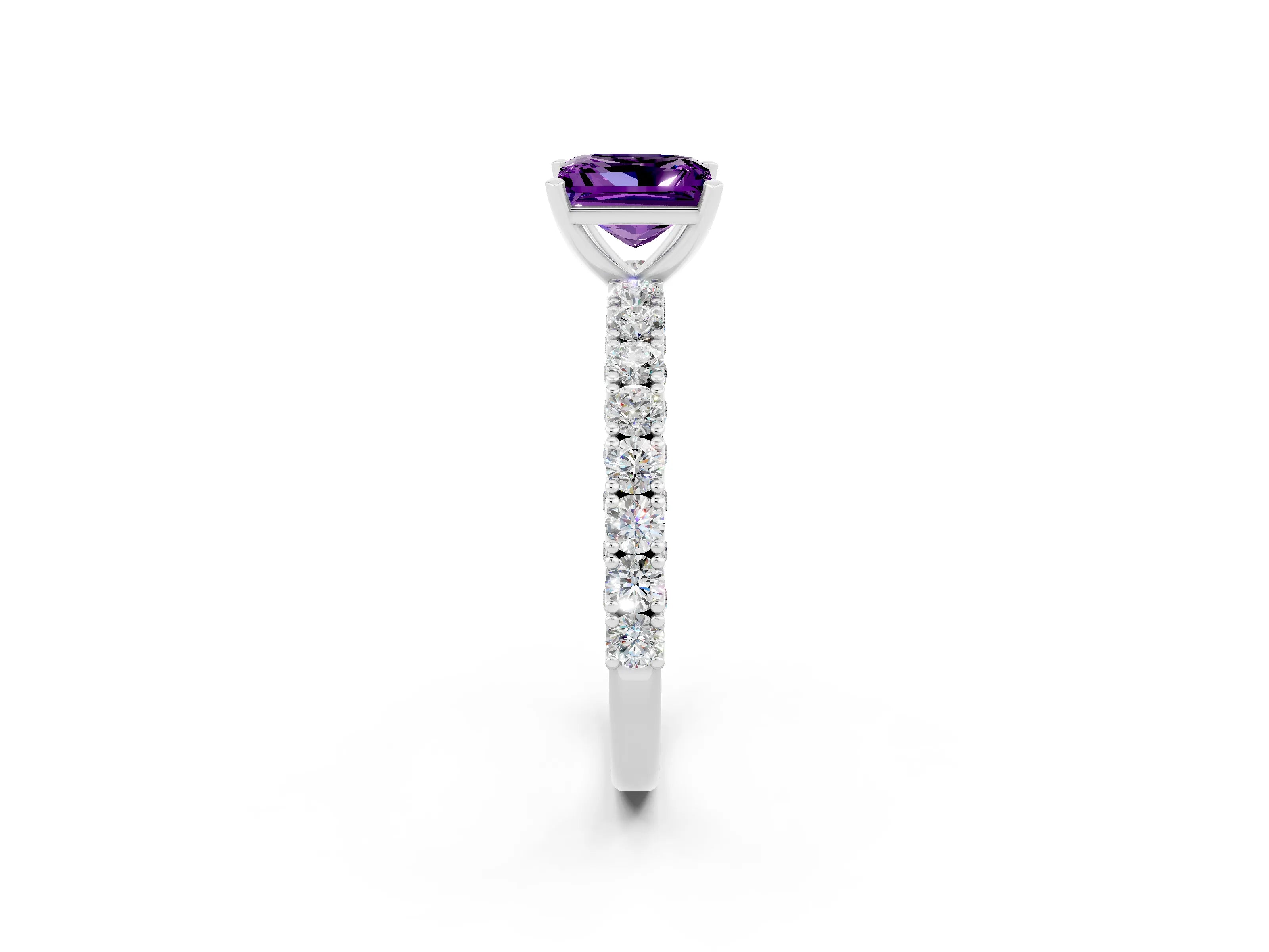 White gold Princess Cut Diamond Pavé Band Solitaire Ring with Prong Setting_2
