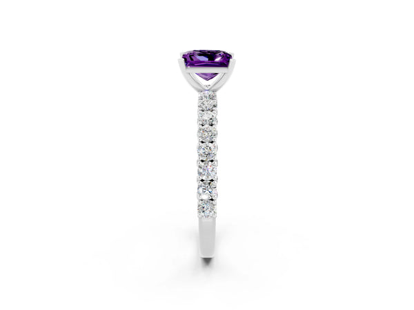 Platinum Princess Cut Amethyst Solitaire Ring with Round Accent Pavé Band and Prong Setting