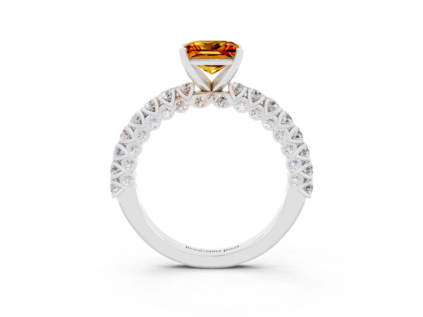 Silver Princess Cut Diamond Pavé Band Solitaire Ring with Prong Setting