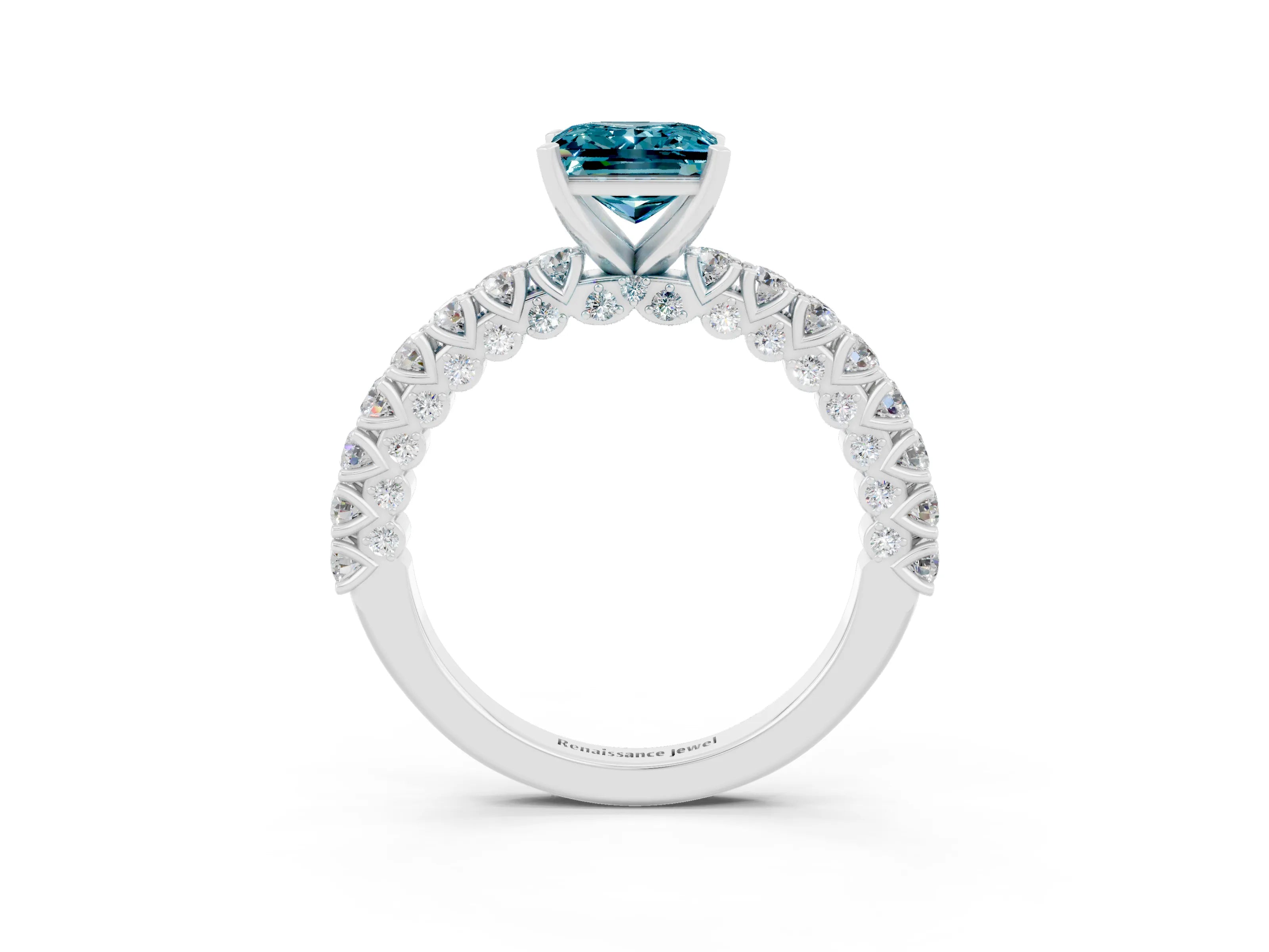 White gold Princess Cut Diamond Pavé Band Solitaire Ring with Prong Setting_3
