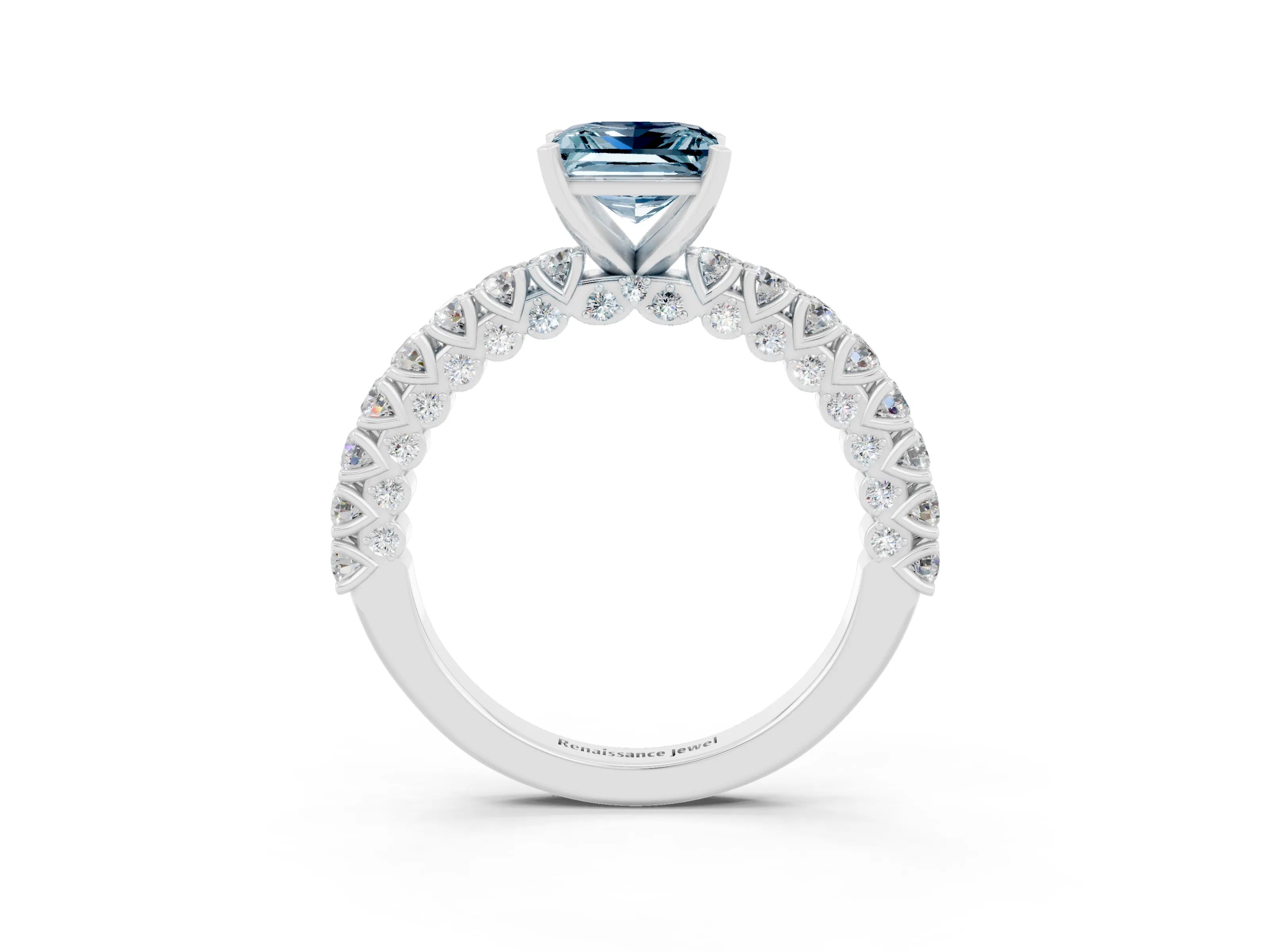 White gold Princess Cut Diamond Pavé Band Solitaire Ring with Prong Setting_3