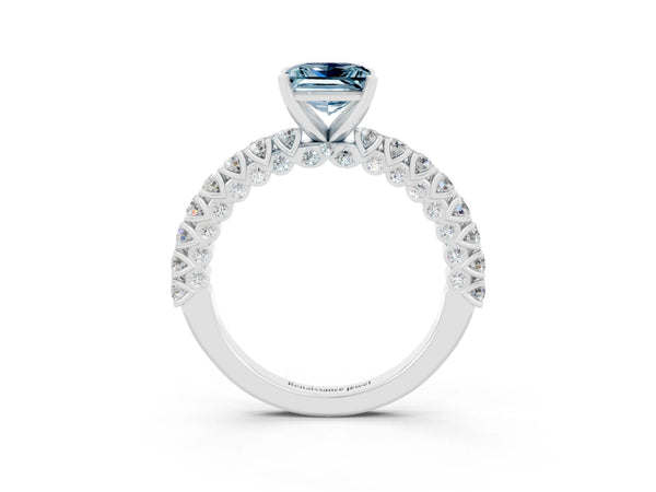 Silver Princess Cut Diamond Pavé Band Solitaire Ring with Prong Setting
