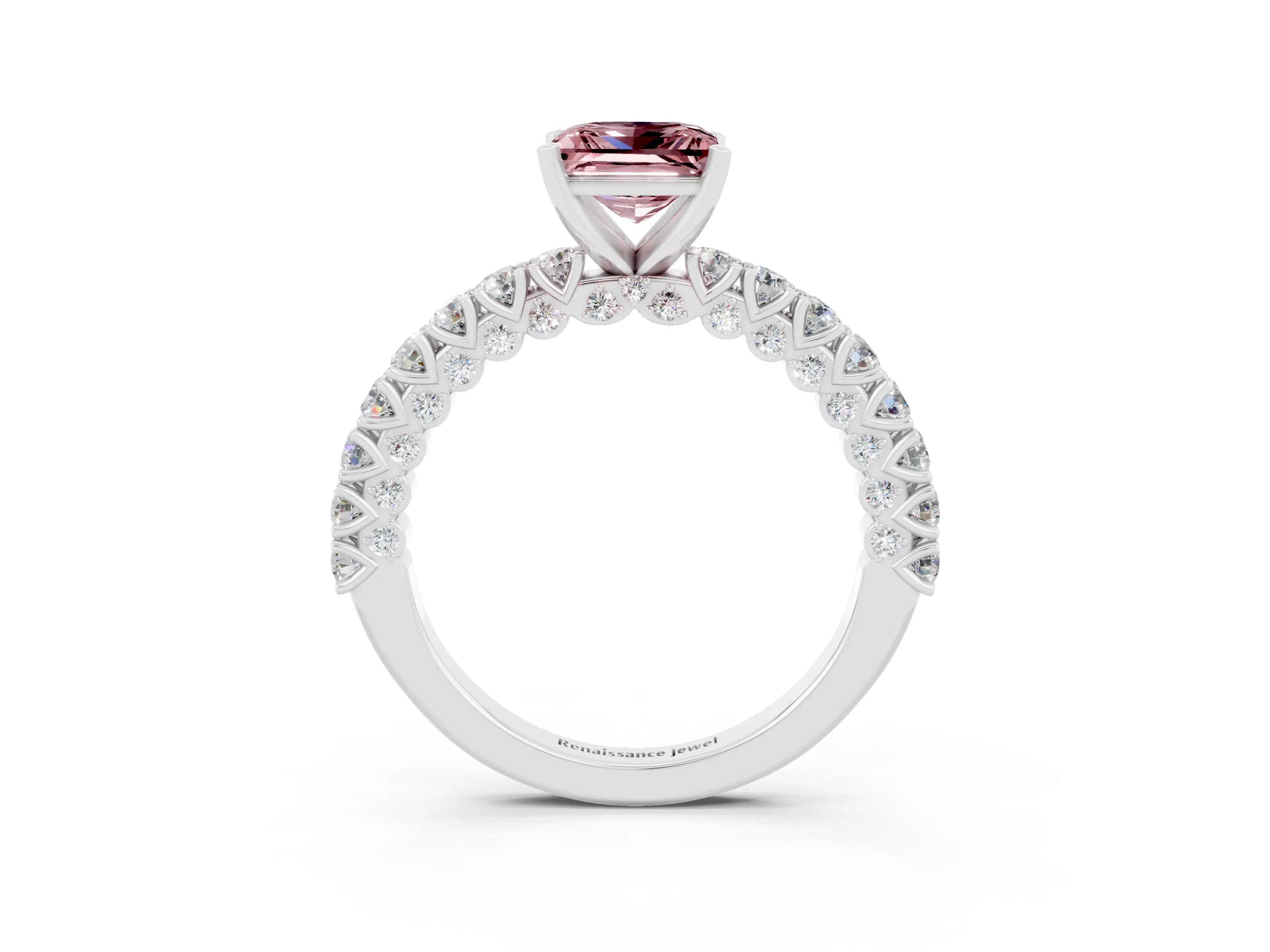 White gold Princess Cut Diamond Pavé Band Solitaire Ring with Prong Setting_3