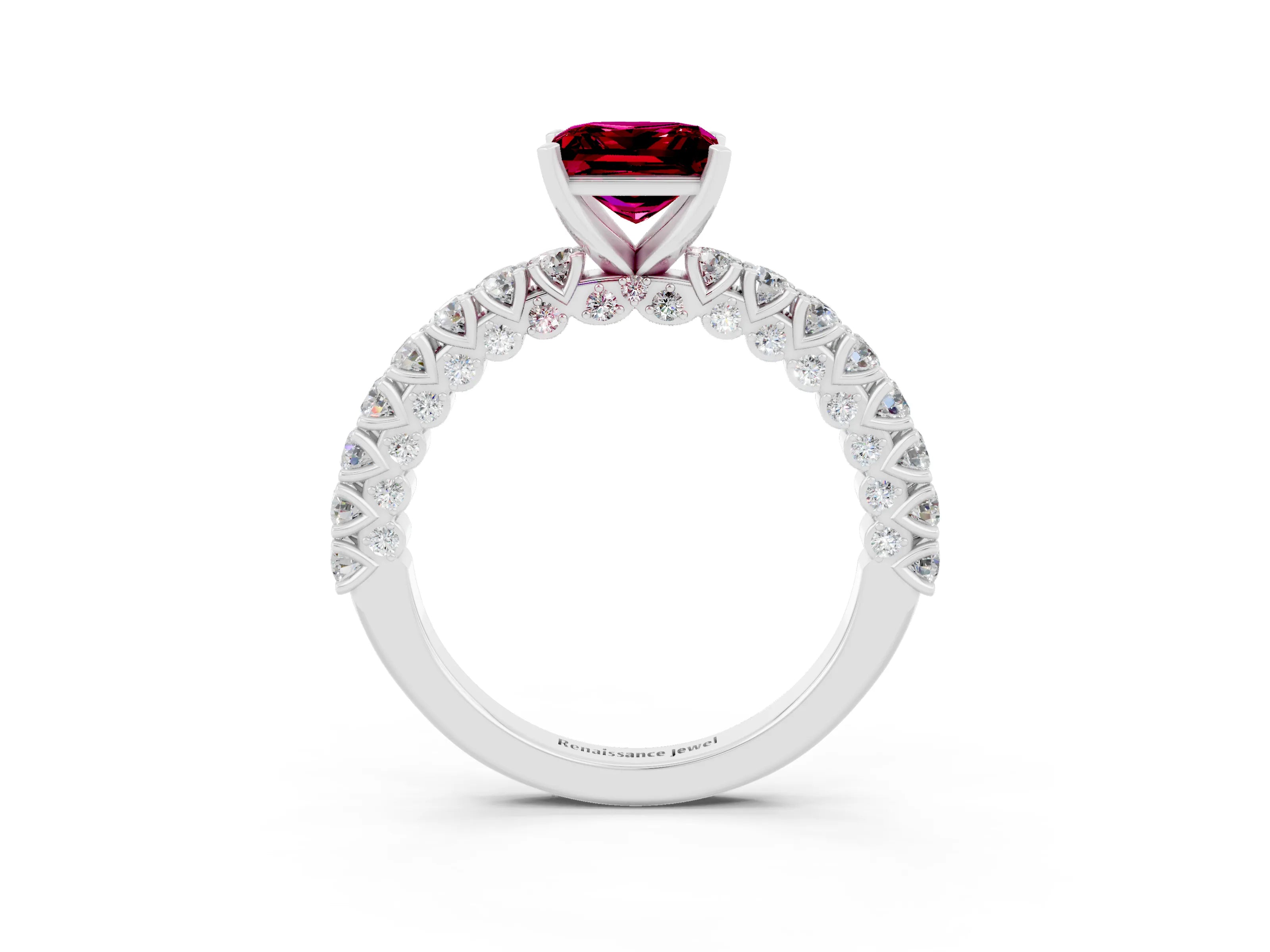 White gold Princess Cut Diamond Pavé Band Solitaire Ring with Prong Setting_3