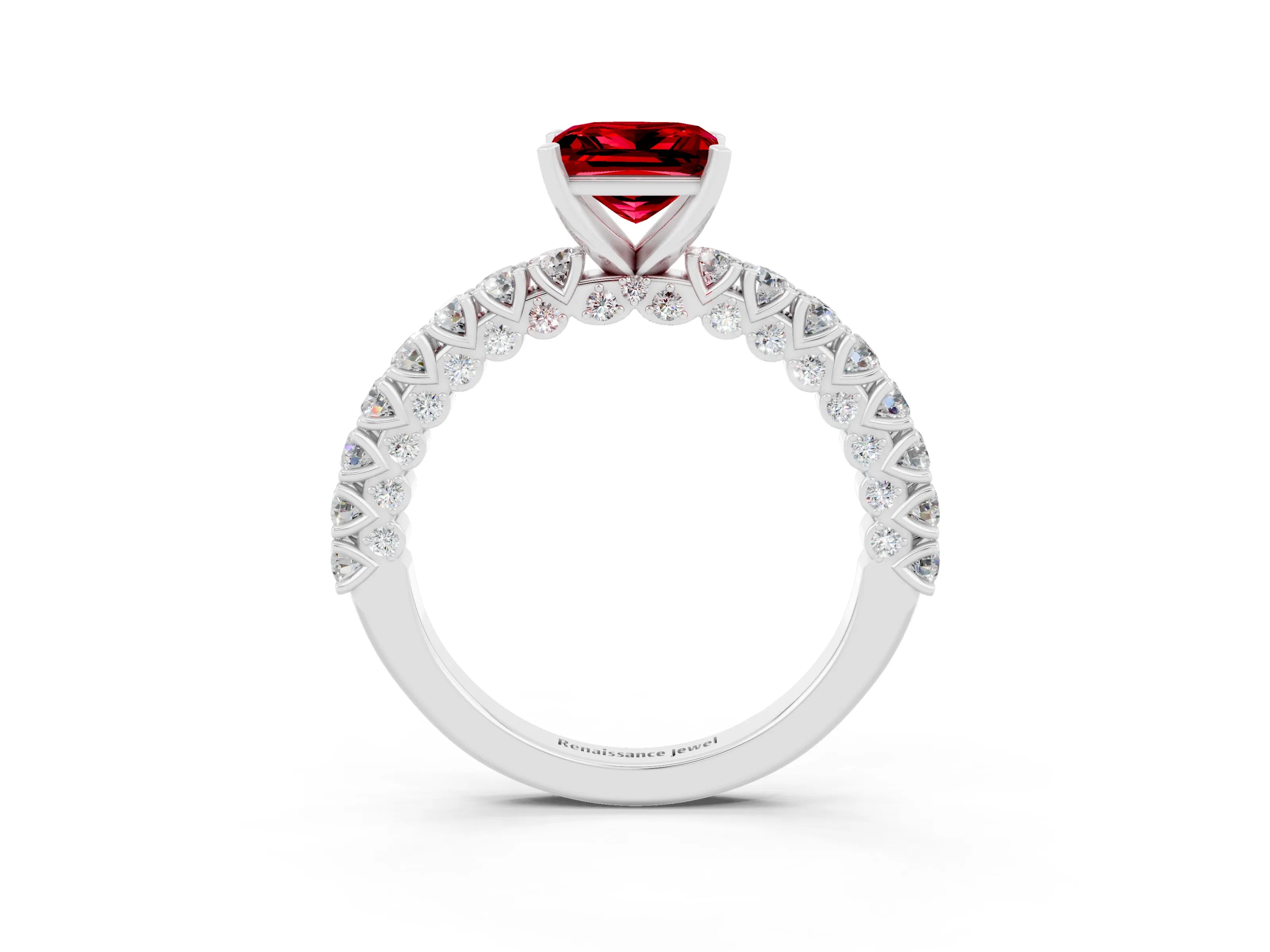White gold Princess Cut Diamond Pavé Band Solitaire Ring with Prong Setting_3